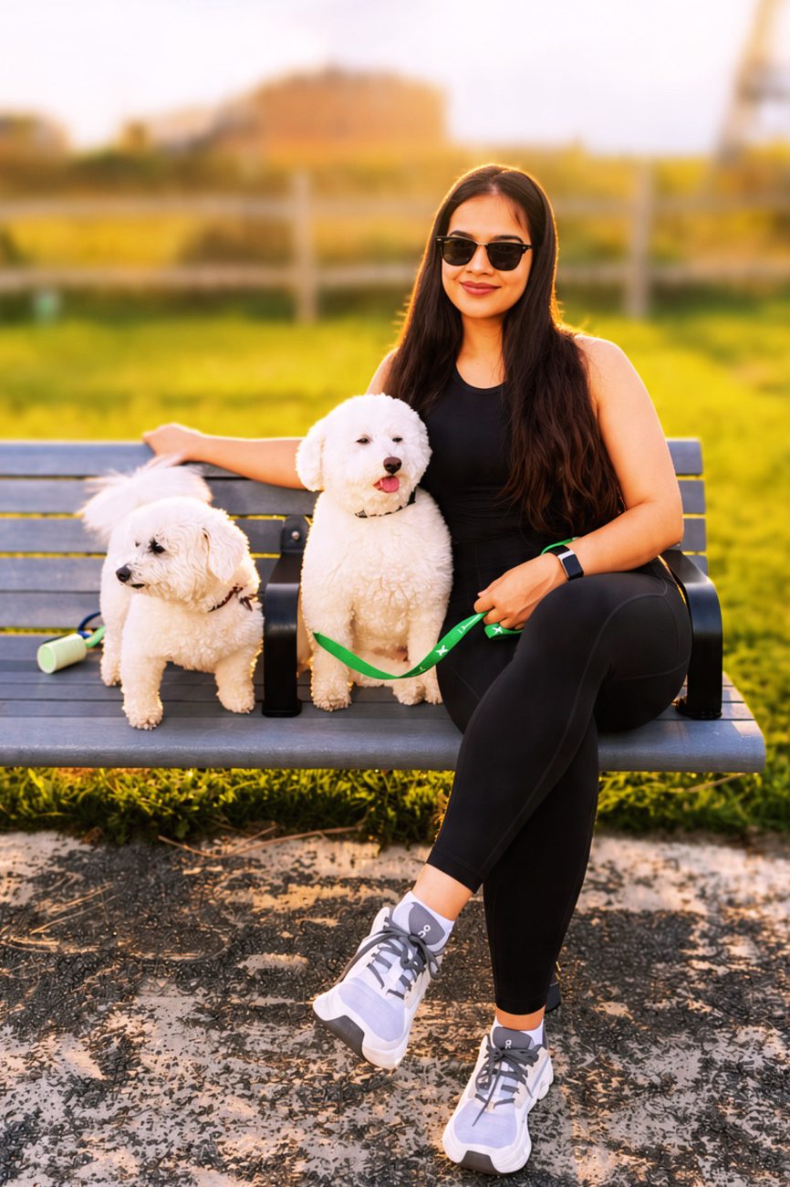 Kirat Bajwa of Forever Paws sitting on a park bench with two white dogs
